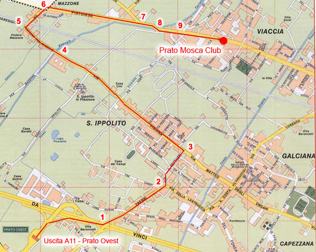 Cartina con il percorso per trovare la sede del Prato Mosca Club